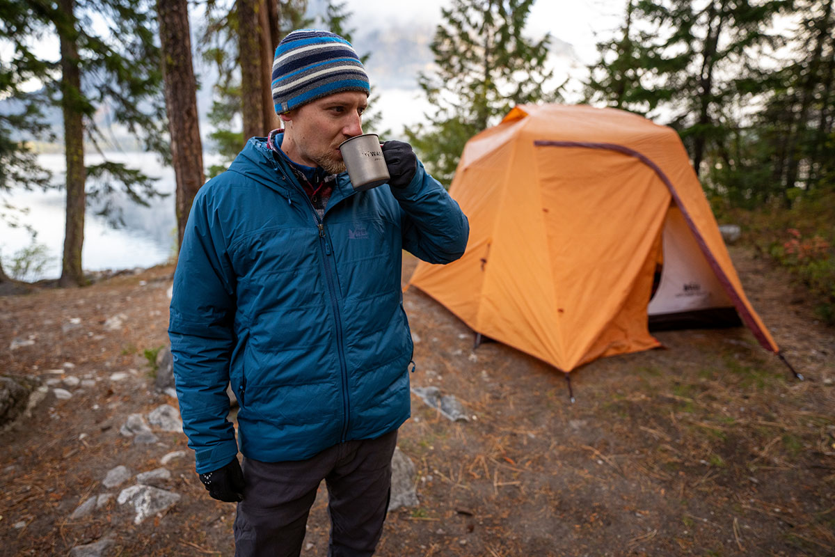 ​​REI Co-op Stormhenge Down Hybrid Jacket (drinking morning coffee at camp)